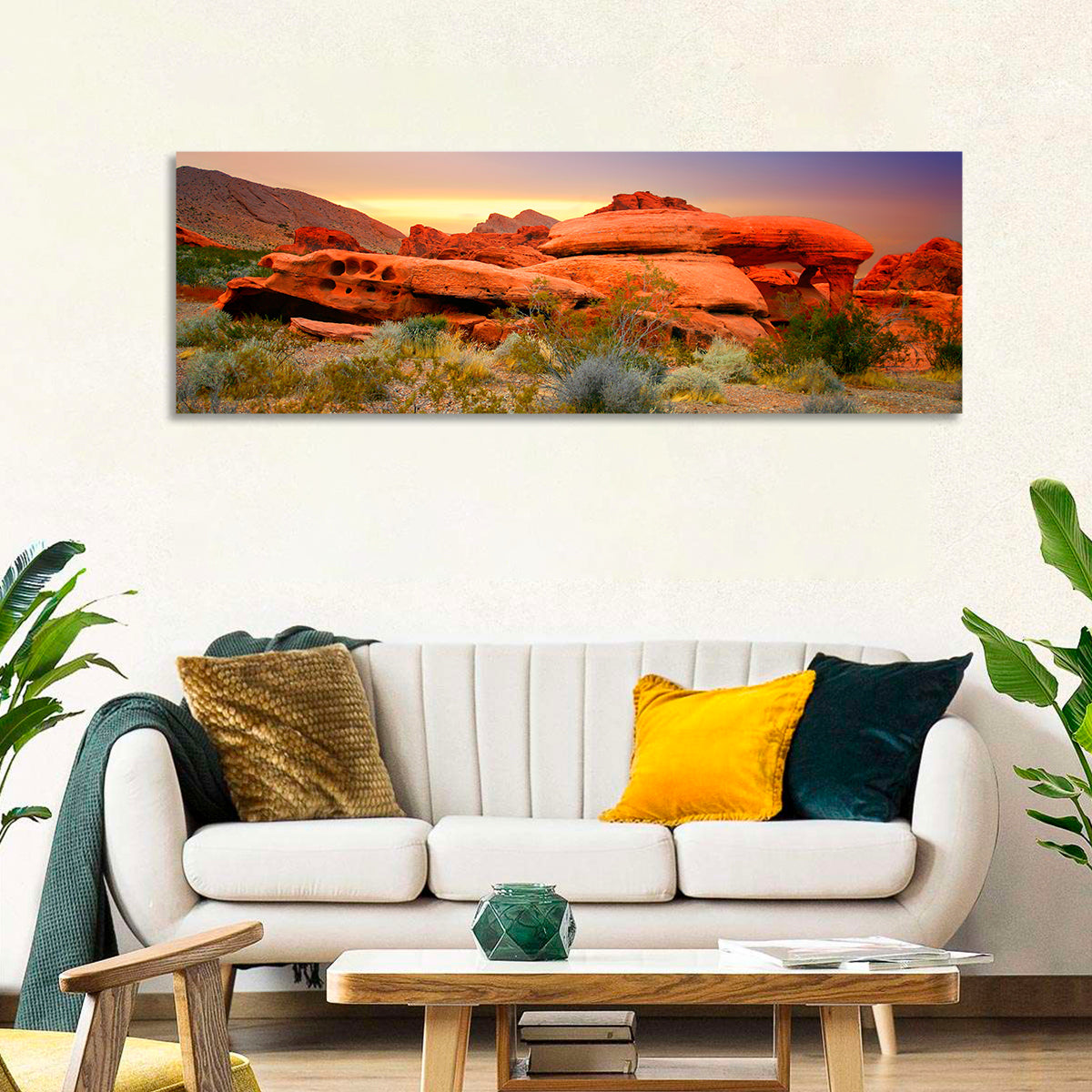Red Rock Canyon Sunset Wall Art in a room, panoramic
