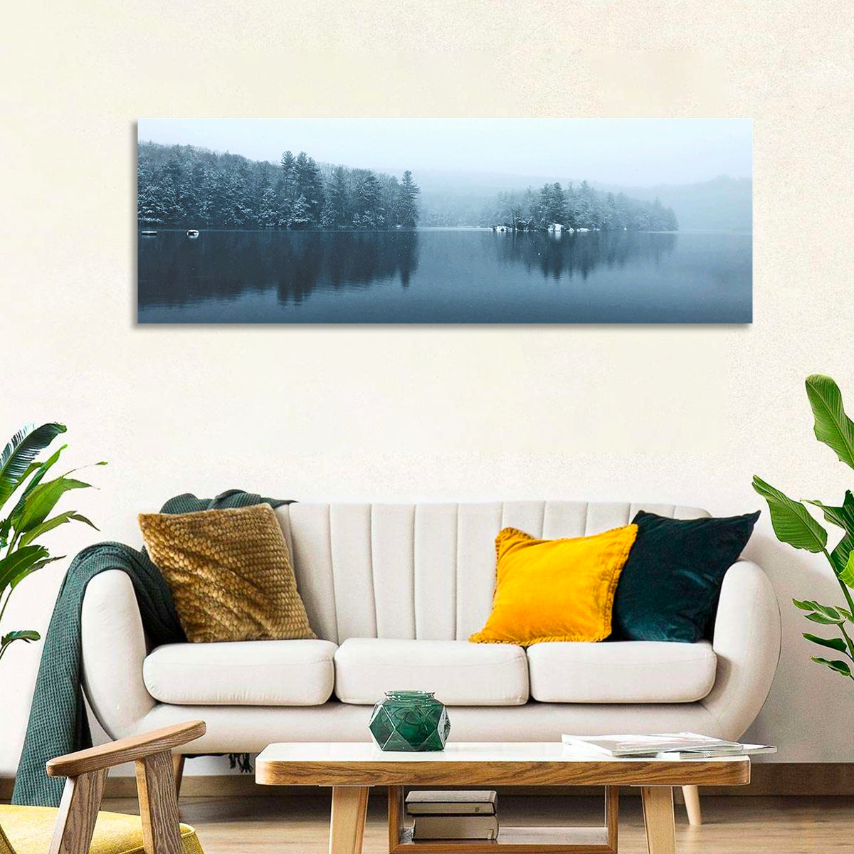 Burr Pond Winter Reflection Wall Art in a room, panoramic