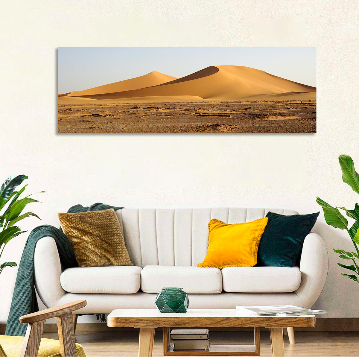 Golden Hour Desert Dunes Wall Art in a room, panoramic