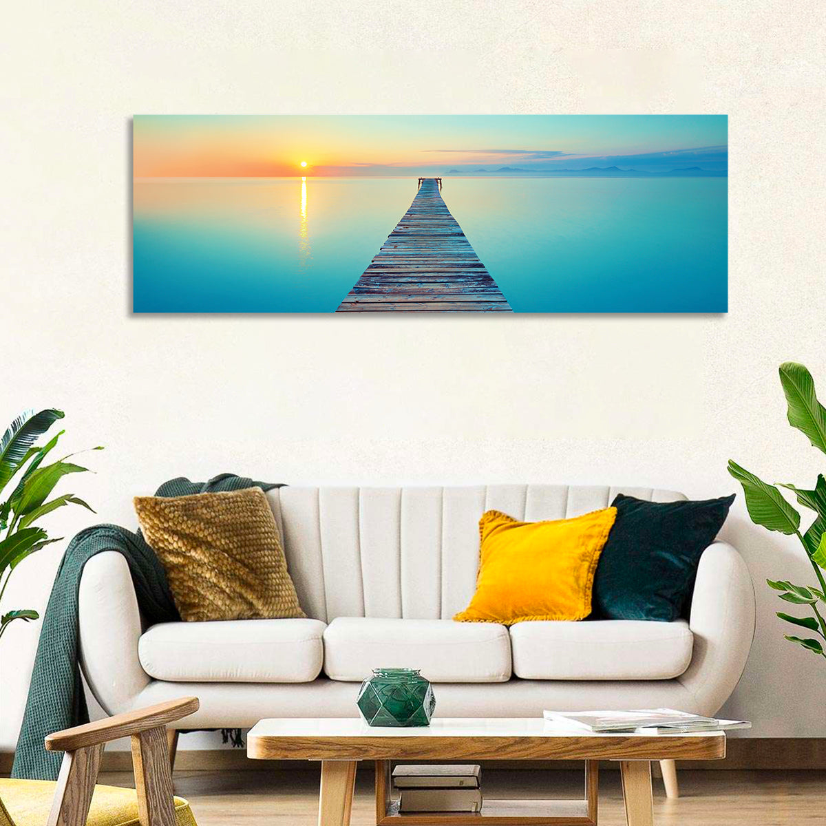 Wooden Footbridge at Sunset Wall Art in a room, panoramic