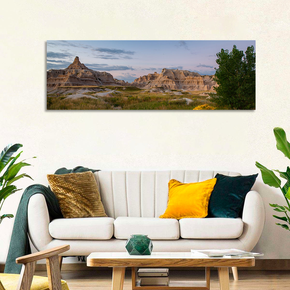 Badlands Golden Hour Meadow Wall Art in a room, panoramic