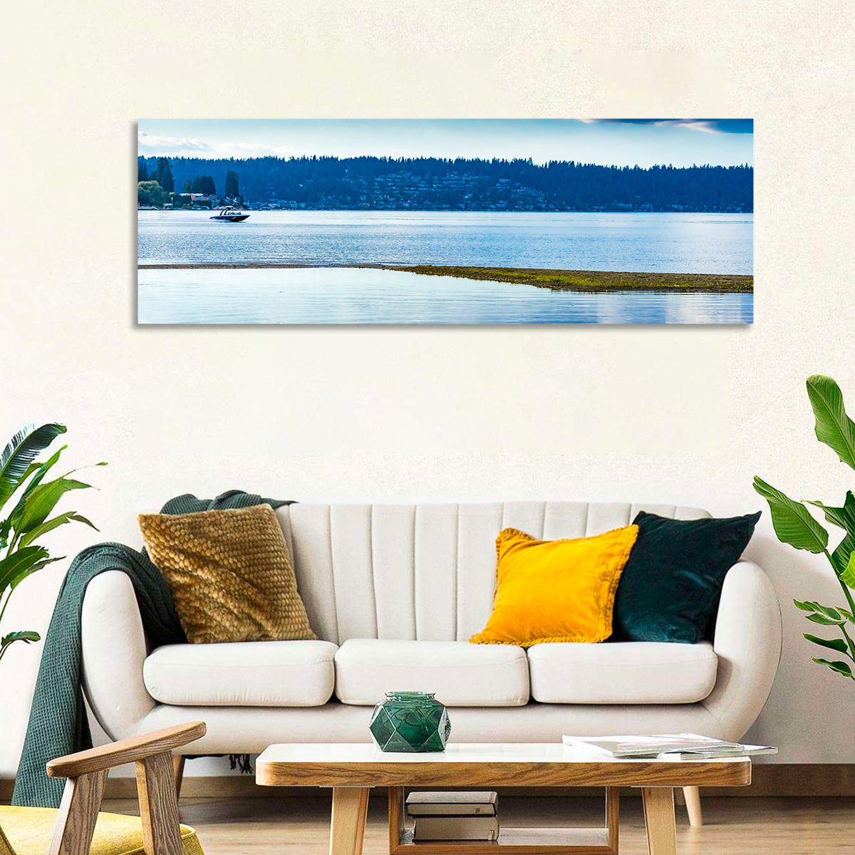 Lake Sammamish Reflection Wall Art in a room, panoramic