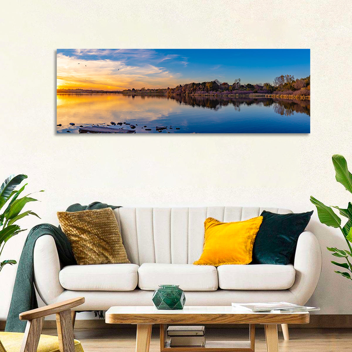 Zorinsky Lake Golden Hour Wall Art in a room, panoramic