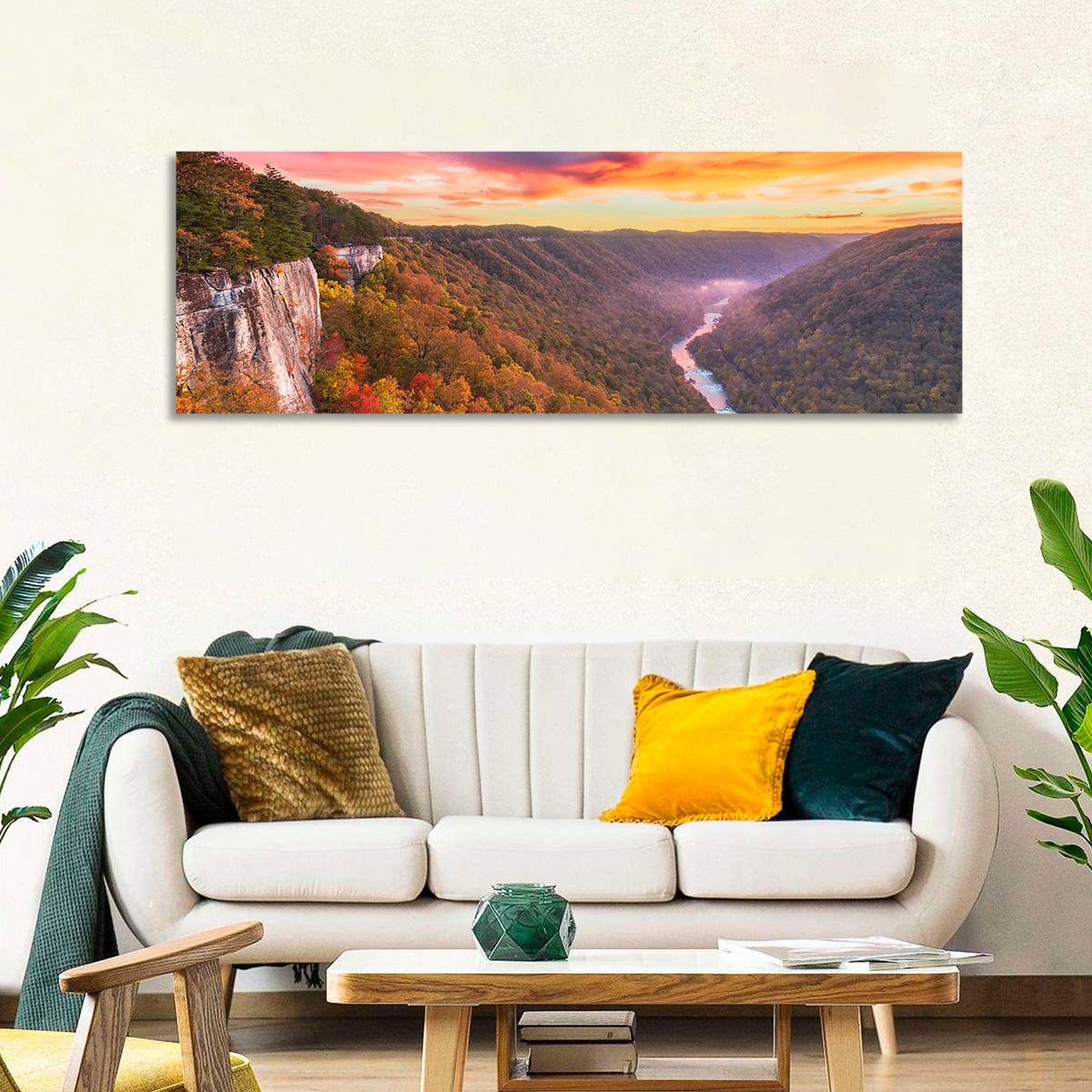 New River Gorge Sunset Wall Art in a room, panoramic