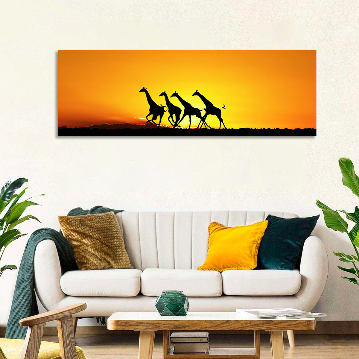 Savanna Giraffes at Sunset Wall Art in a room, panoramic