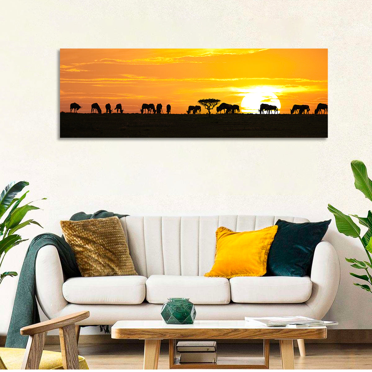 Wildebeest Silhouettes at Sunset Wall Art in a room, panoramic