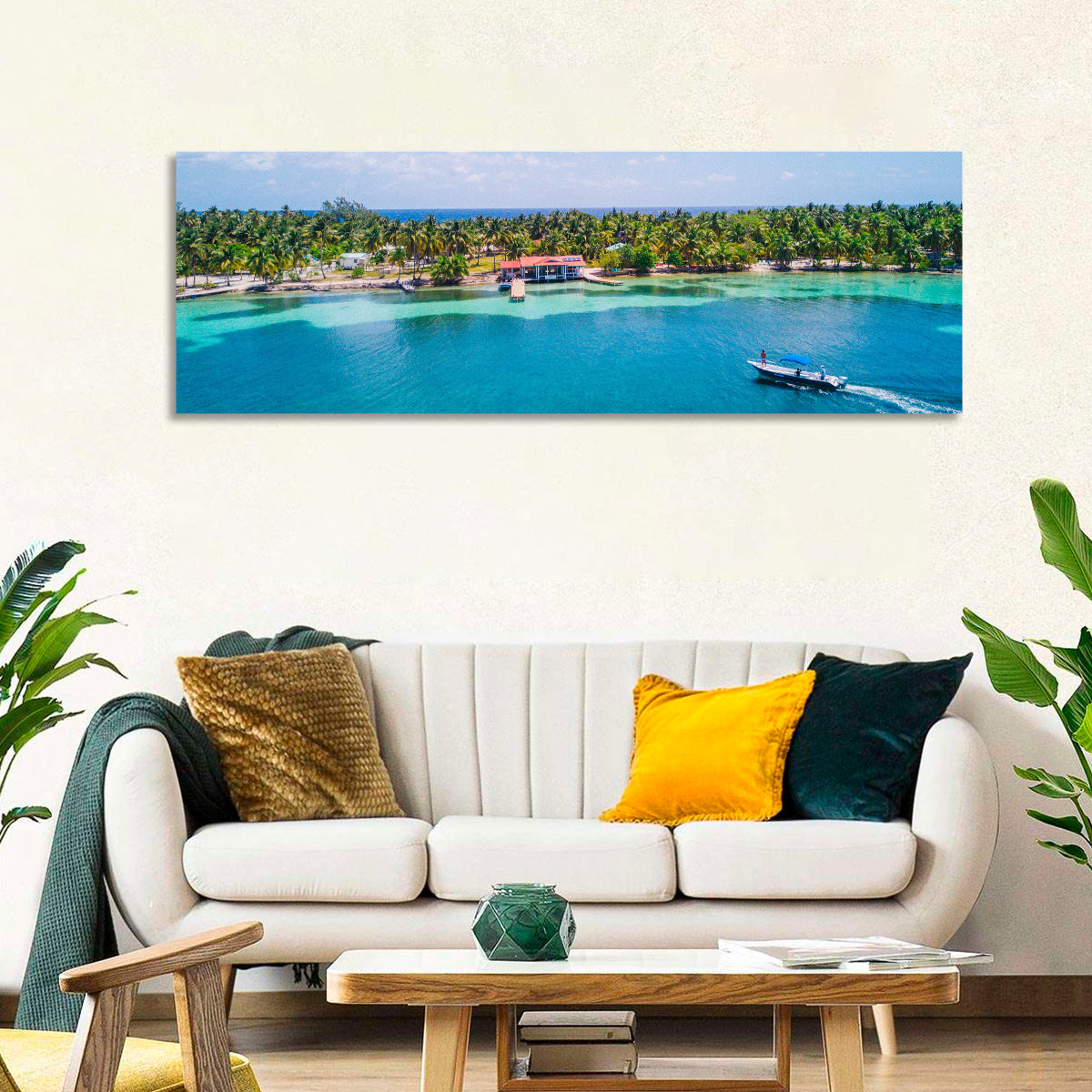 Belize Reef Island Pier Wall Art in a room, panoramic