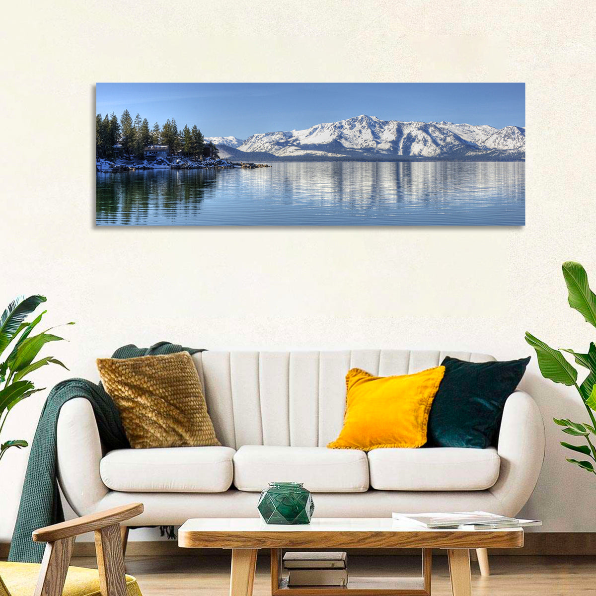 Elk Point Lake Tahoe Reflection Wall Art in a room, panoramic