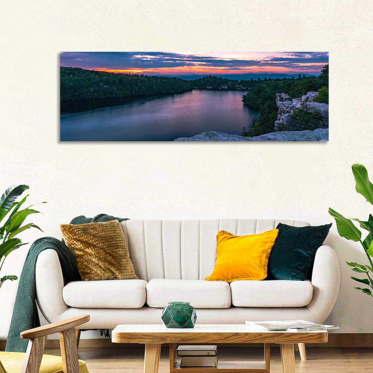 Lake Minnewaska Sunset Wall Art in a room, panoramic