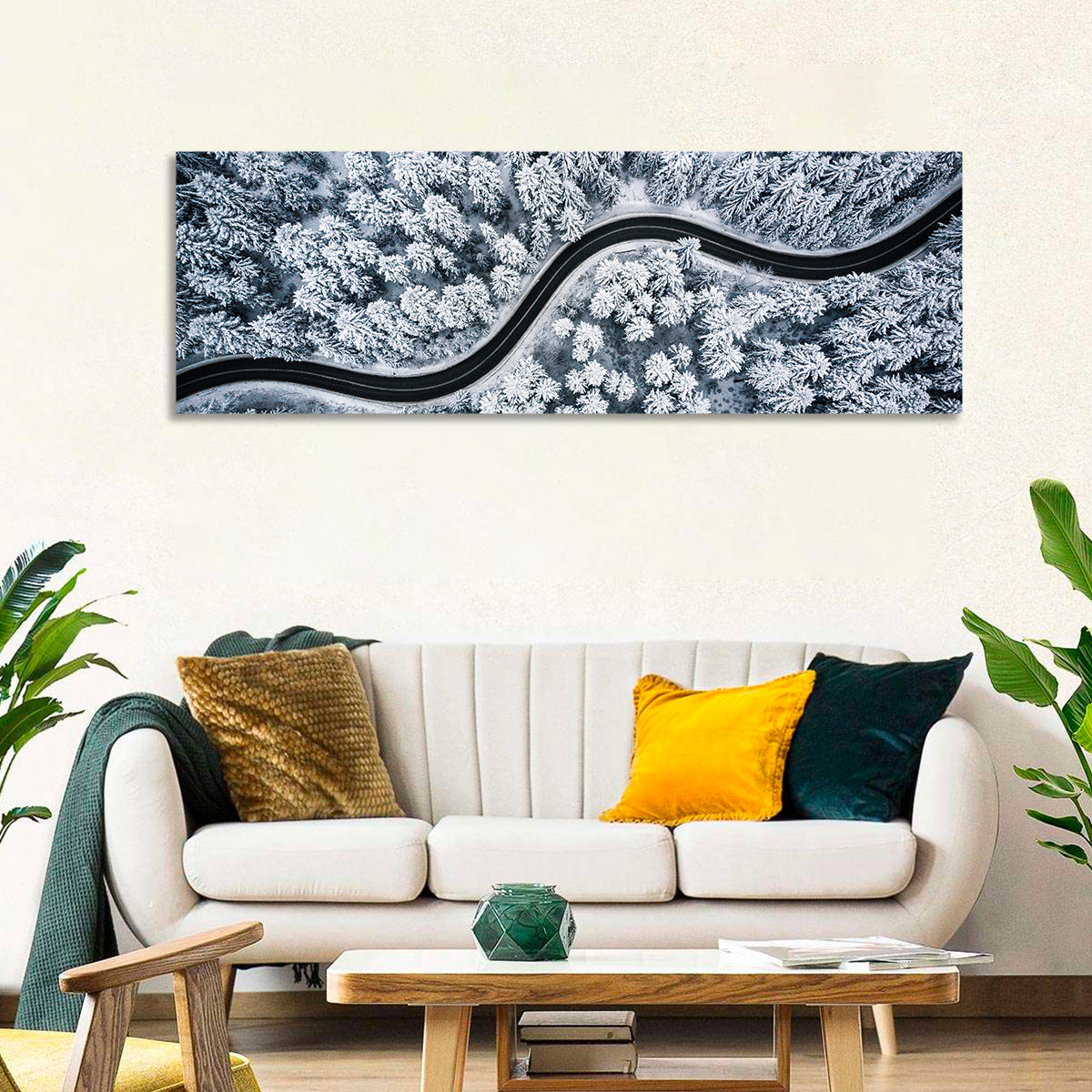 S-curve Winter Forest Road Wall Art in a room, panoramic