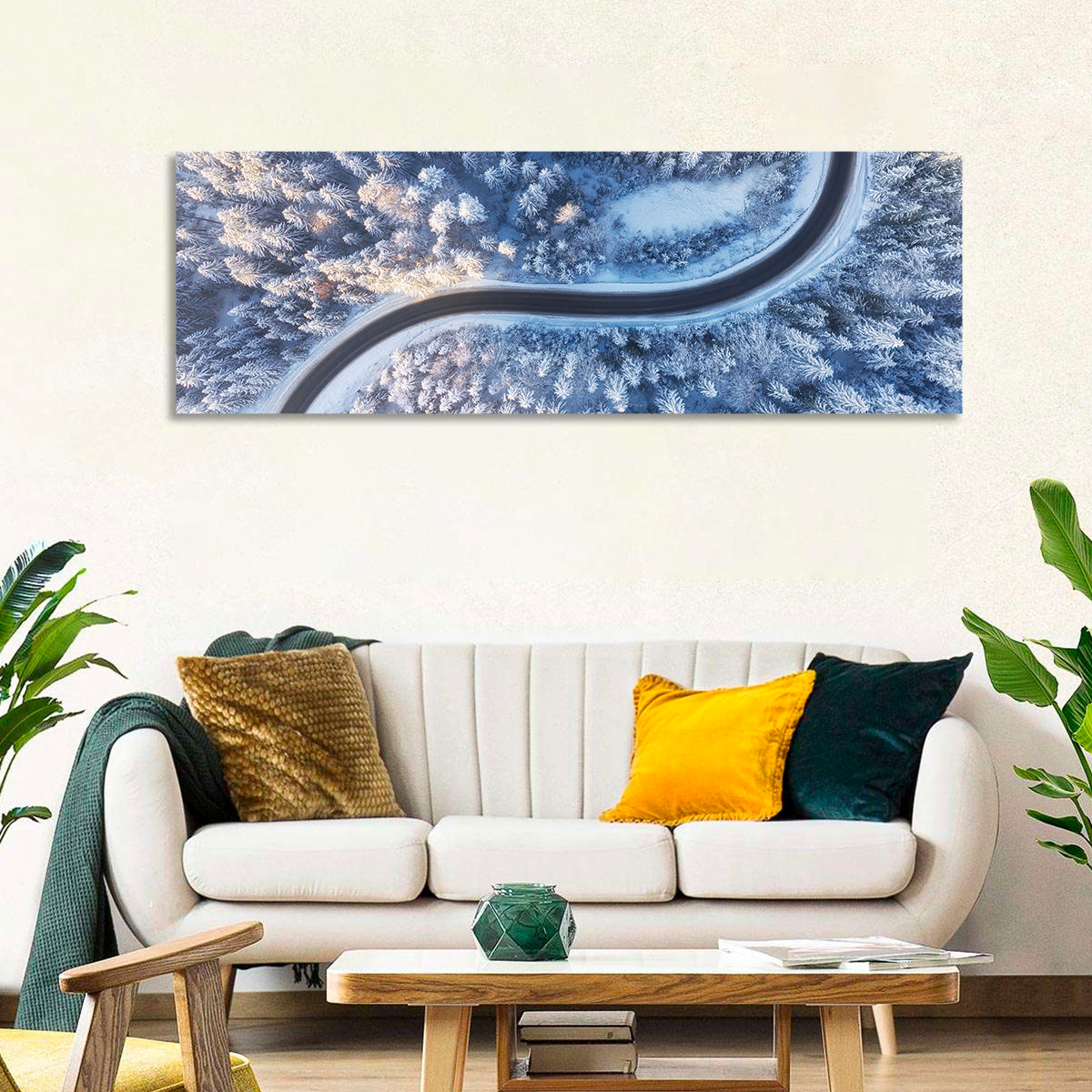 Winding Snow-covered Forest Road Wall Art in a room, panoramic