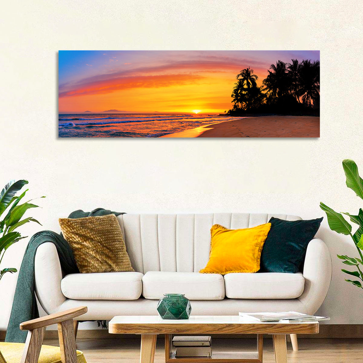 Tropical Beach Sunset Wall Art in a room, panoramic
