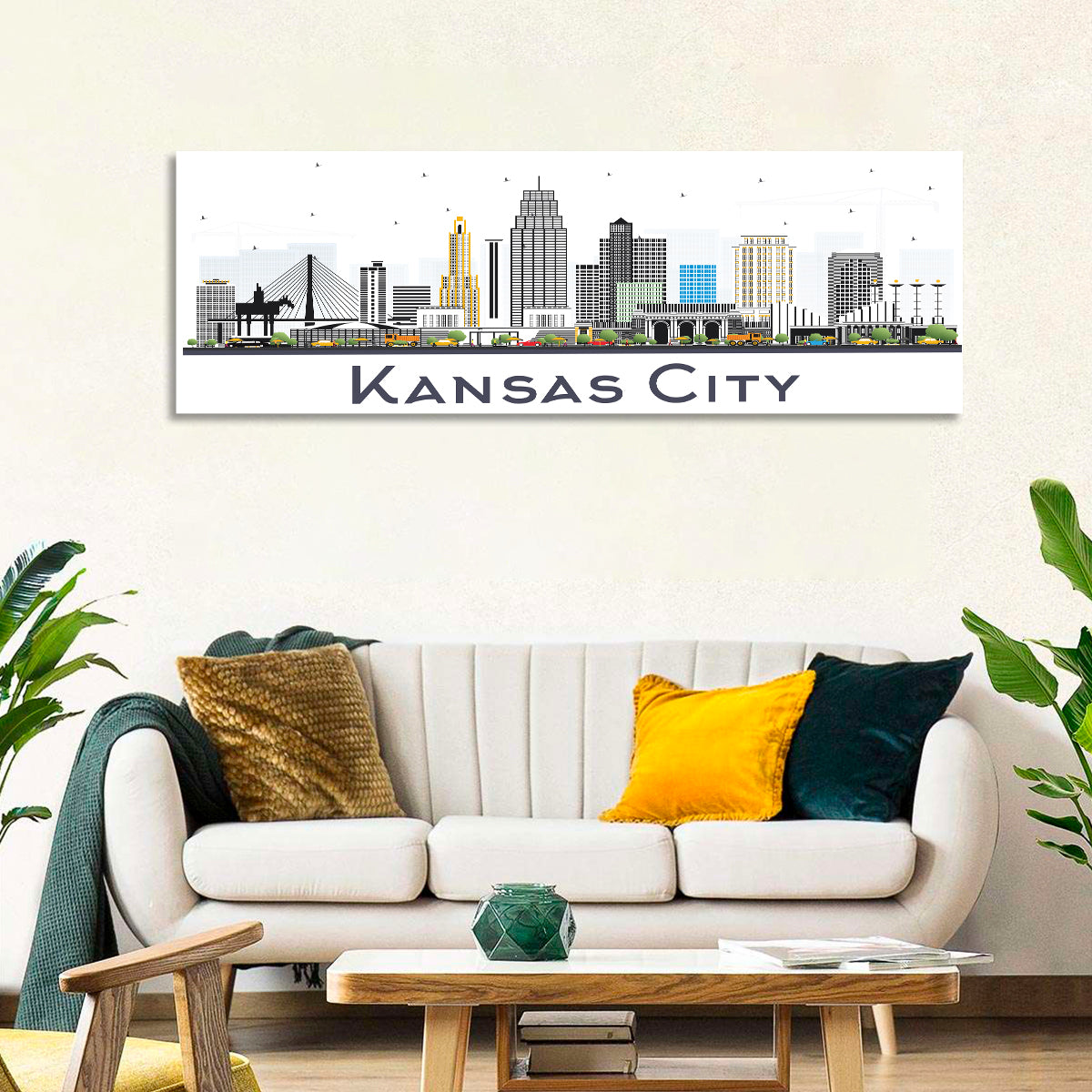 Kansas City Skyline Wall Art in a room, panoramic