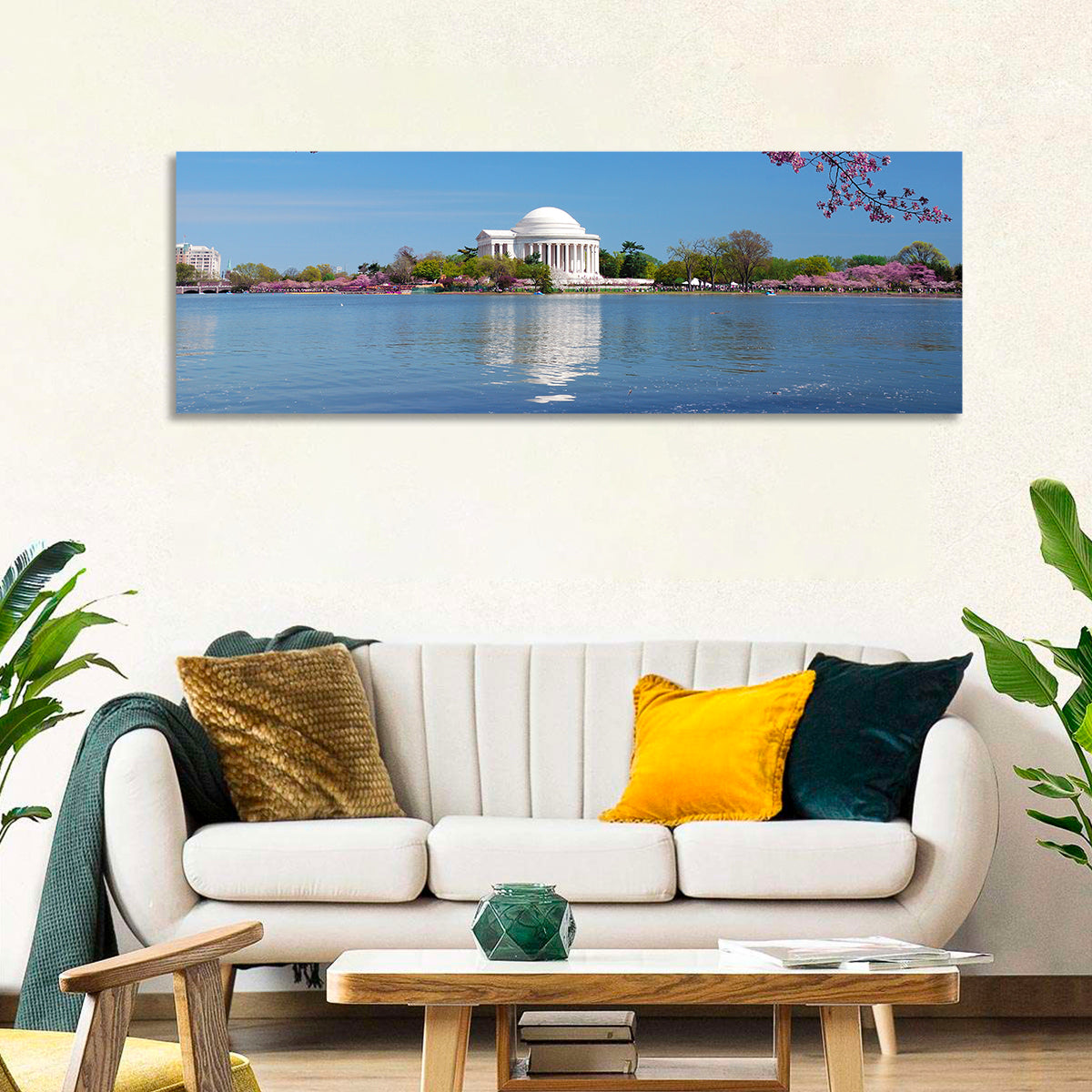 Thomas Jefferson Memorial with Cherry Blossoms Wall Art in a room, panoramic