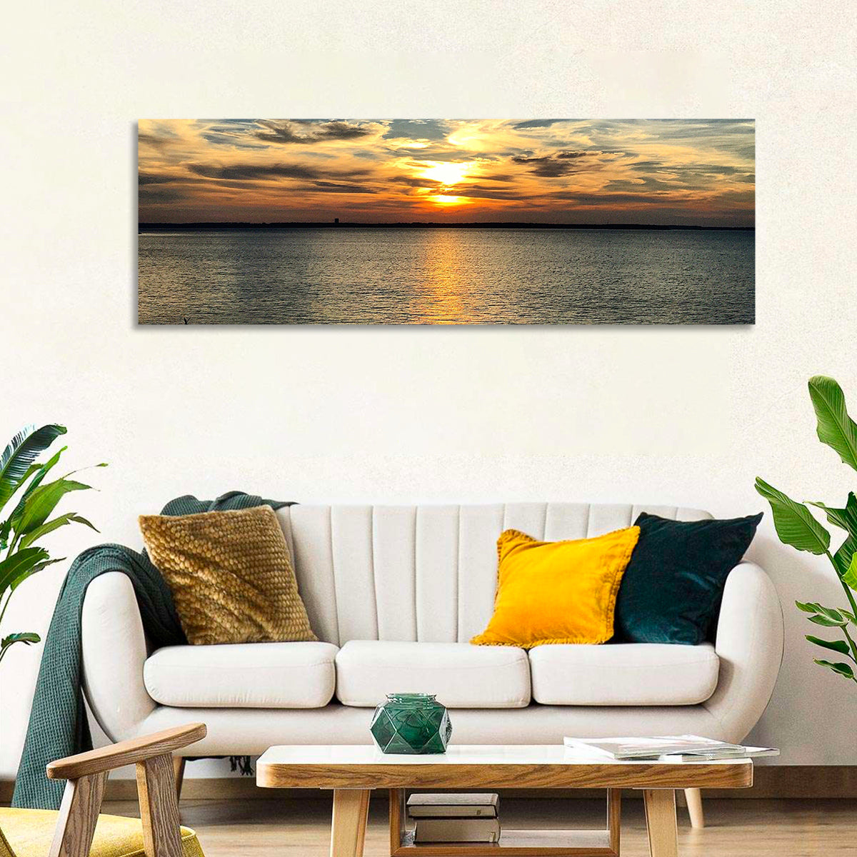 Texoma Lake Sunset Wall Art in a room, panoramic