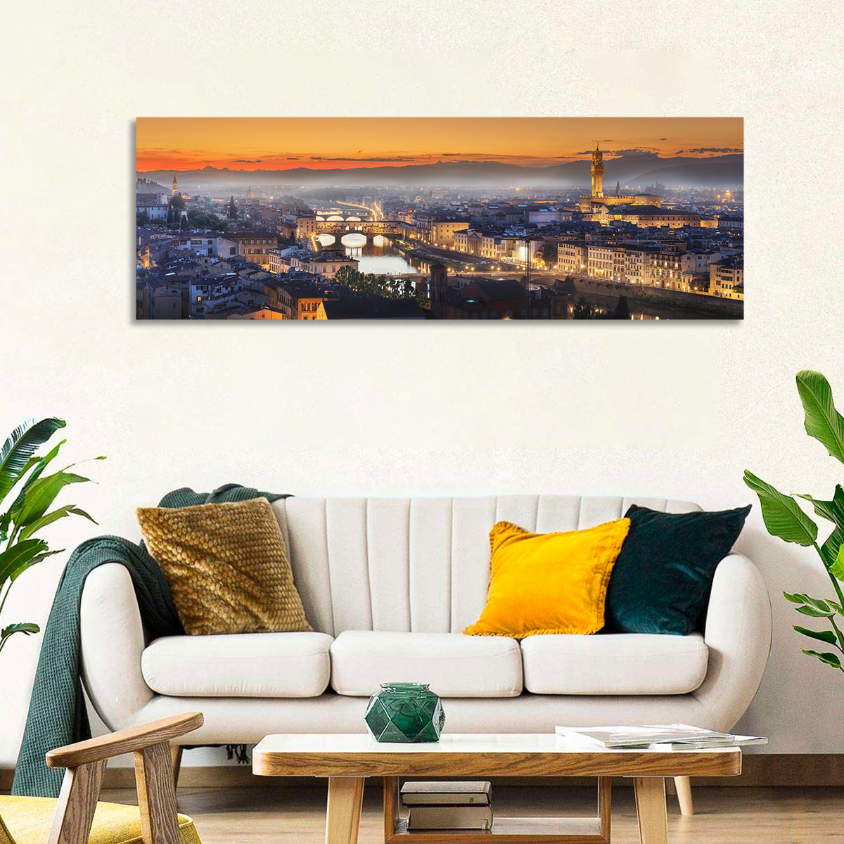 Florence Sunset Over the Arno Wall Art in a room, panoramic