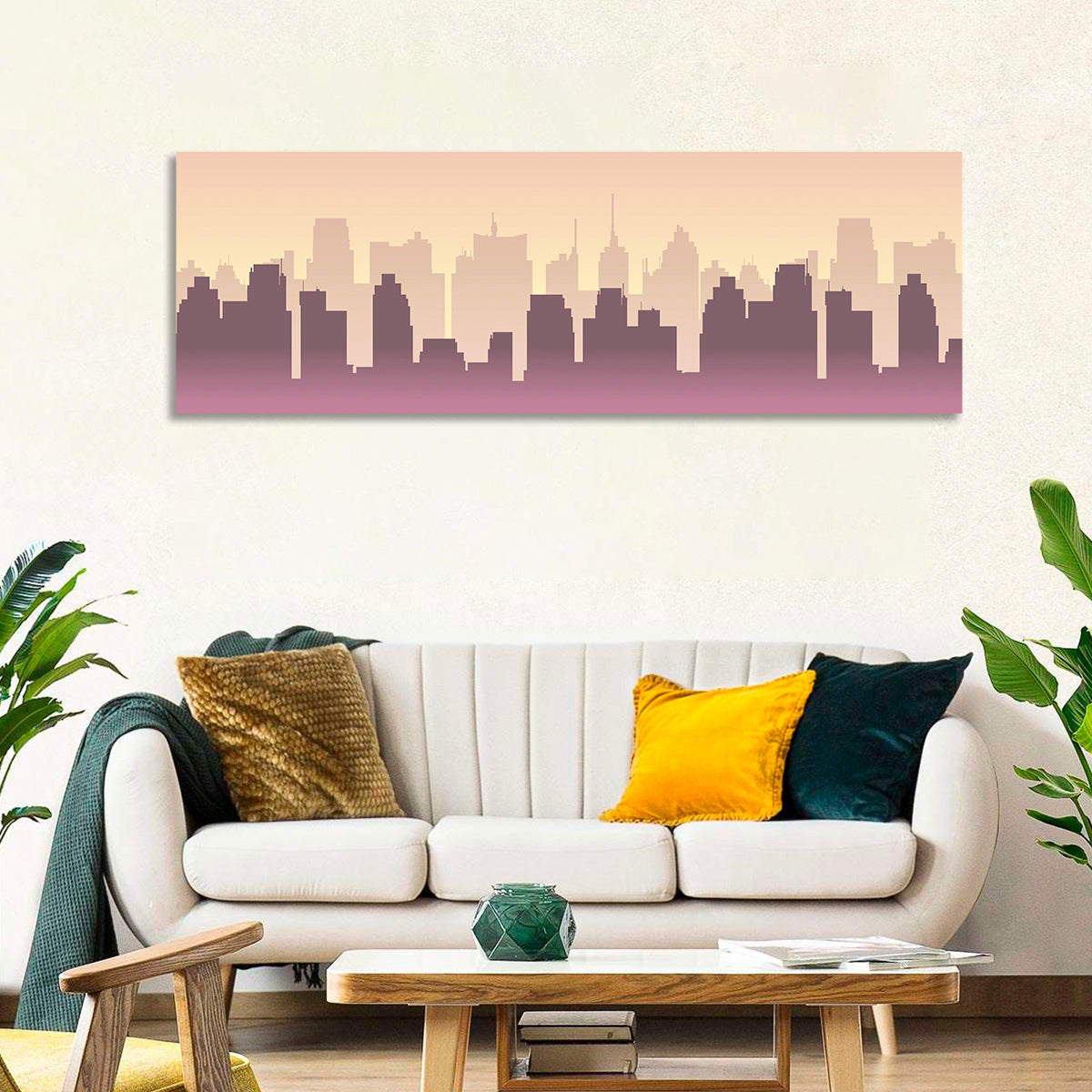 Silhouetted City Skyline Wall Art in a room, panoramic