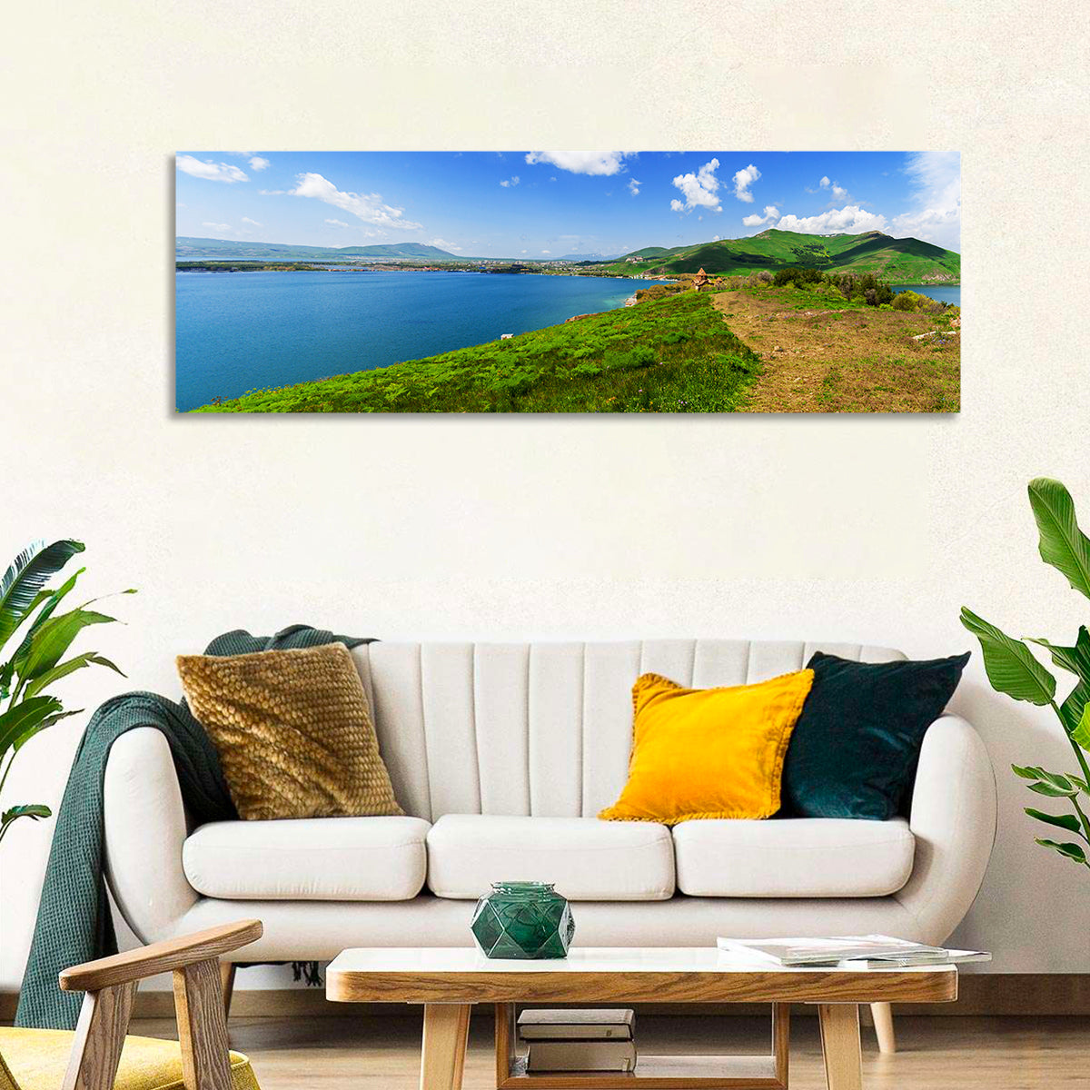 Sevanavank Monastery Above Lake Sevan Wall Art in a room, panoramic