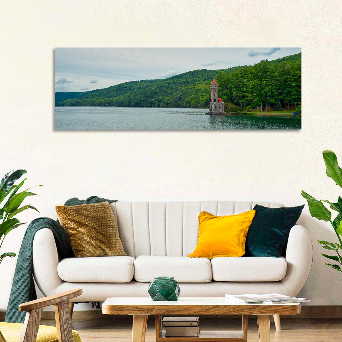 Otsego Lake View with Stone Tower Wall Art in a room, panoramic