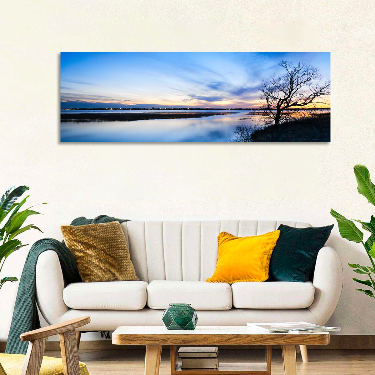 Lake Bemidji Twilight Wall Art in a room, panoramic