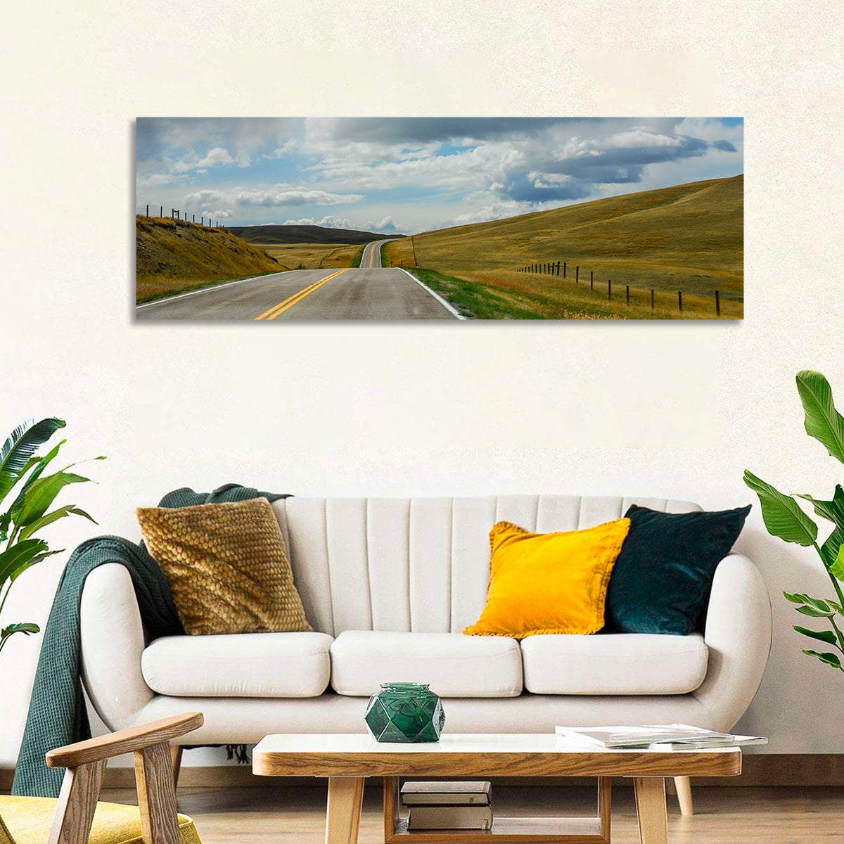 Montana Road Through Golden Hills Wall Art in a room, panoramic