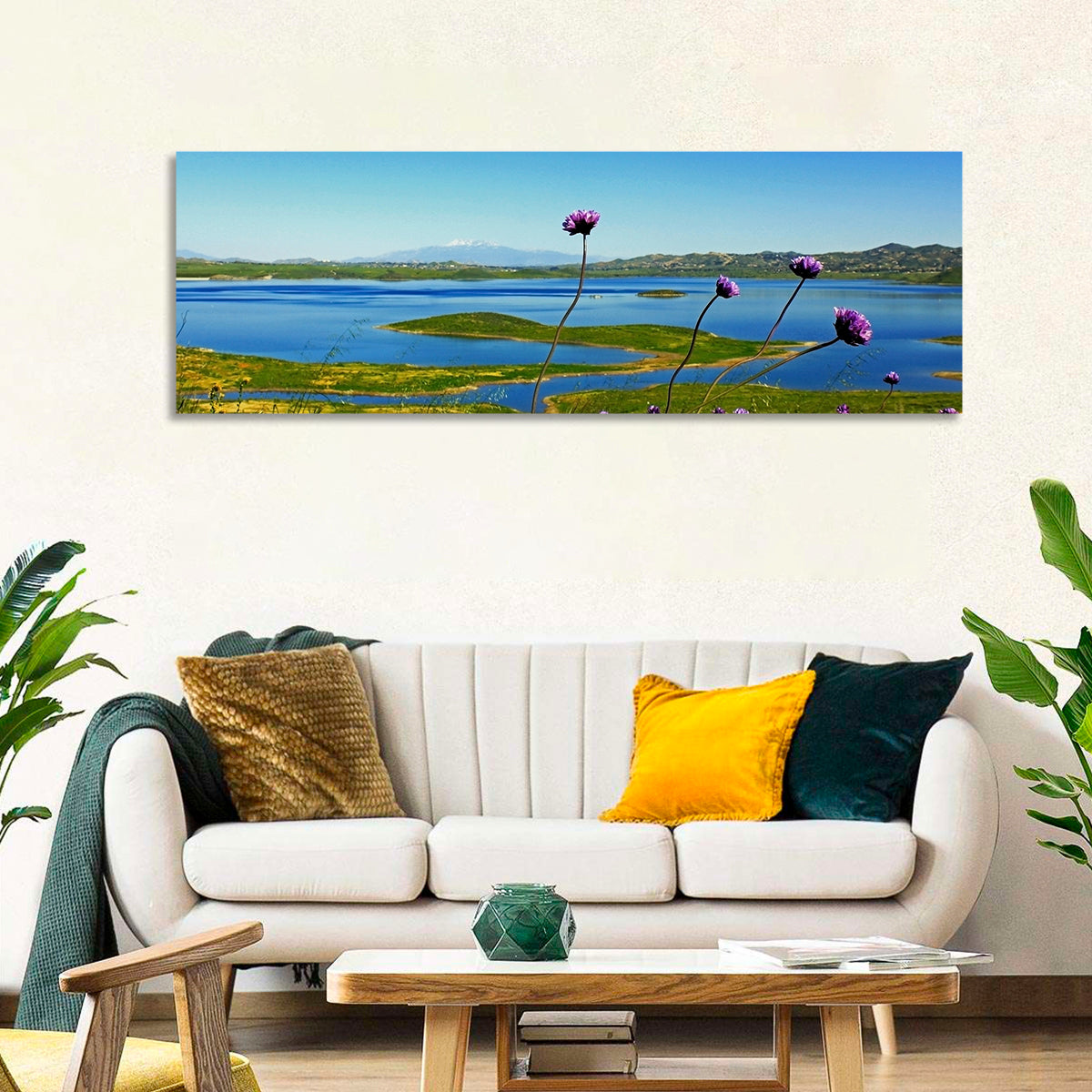 Lake Mathews Wildflower View Wall Art in a room, panoramic