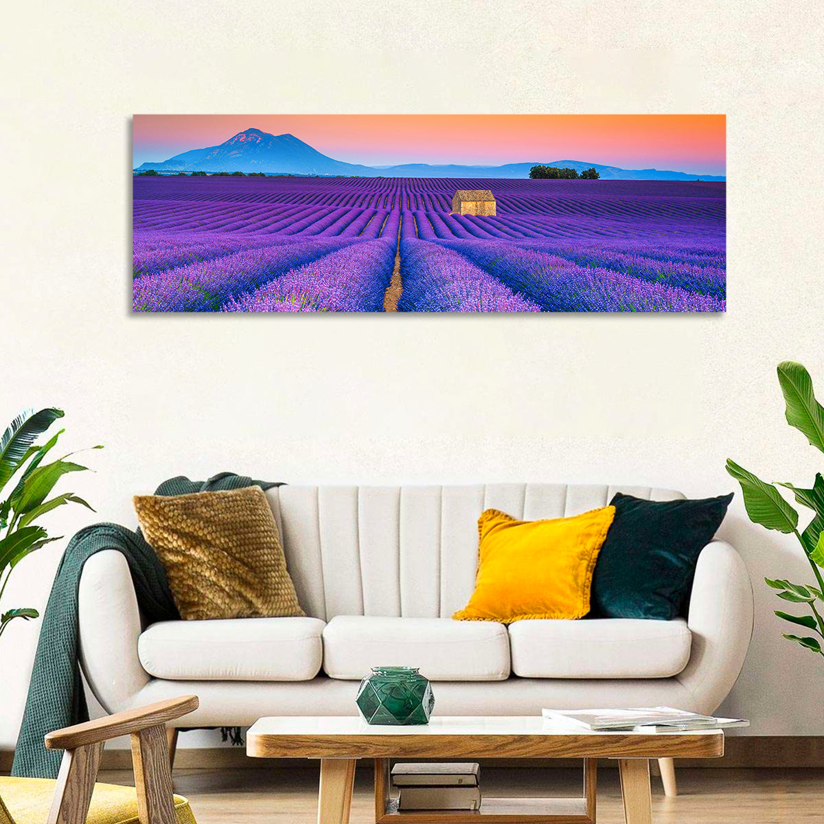 Valensole Lavender Fields at Sunset Wall Art in a room, panoramic