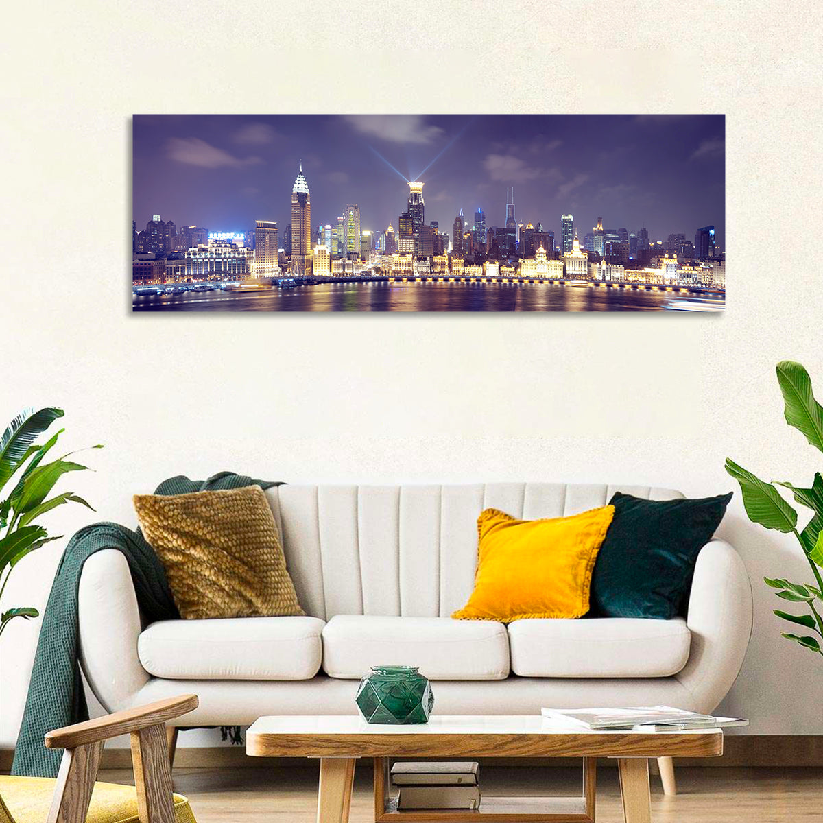 Shanghai Night Skyline Wall Art in a room, panoramic