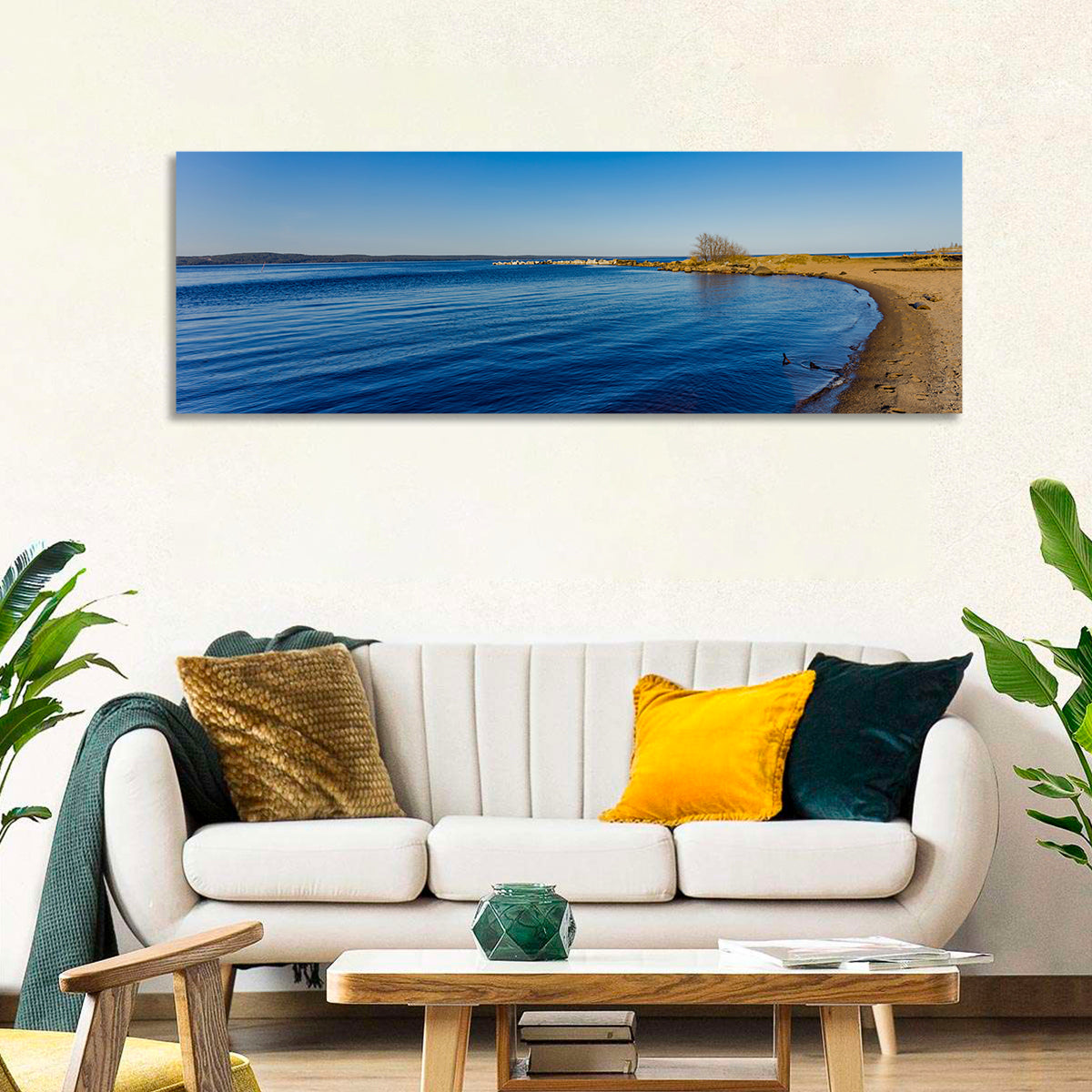 Lake Onega Shoreline Wall Art in a room, panoramic