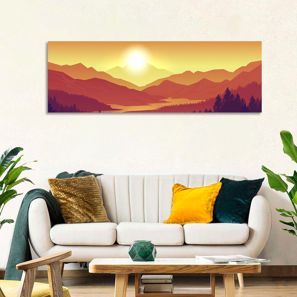 Sunset Pines and Layered Mountains Wall Art in a room, panoramic