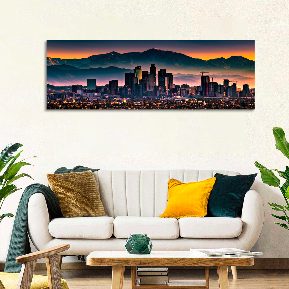 Downtown Los Angeles Skyline Wall Art in a room, panoramic