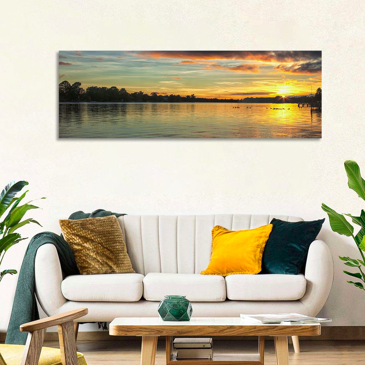 Lake Marion Golden Sunset Wall Art in a room, panoramic