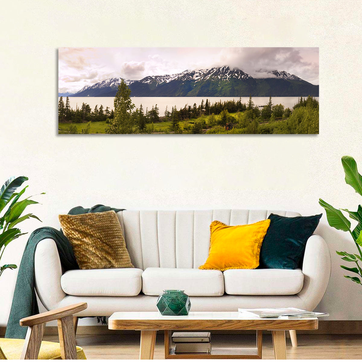 Alaska Mountain Lake View Wall Art in a room, panoramic