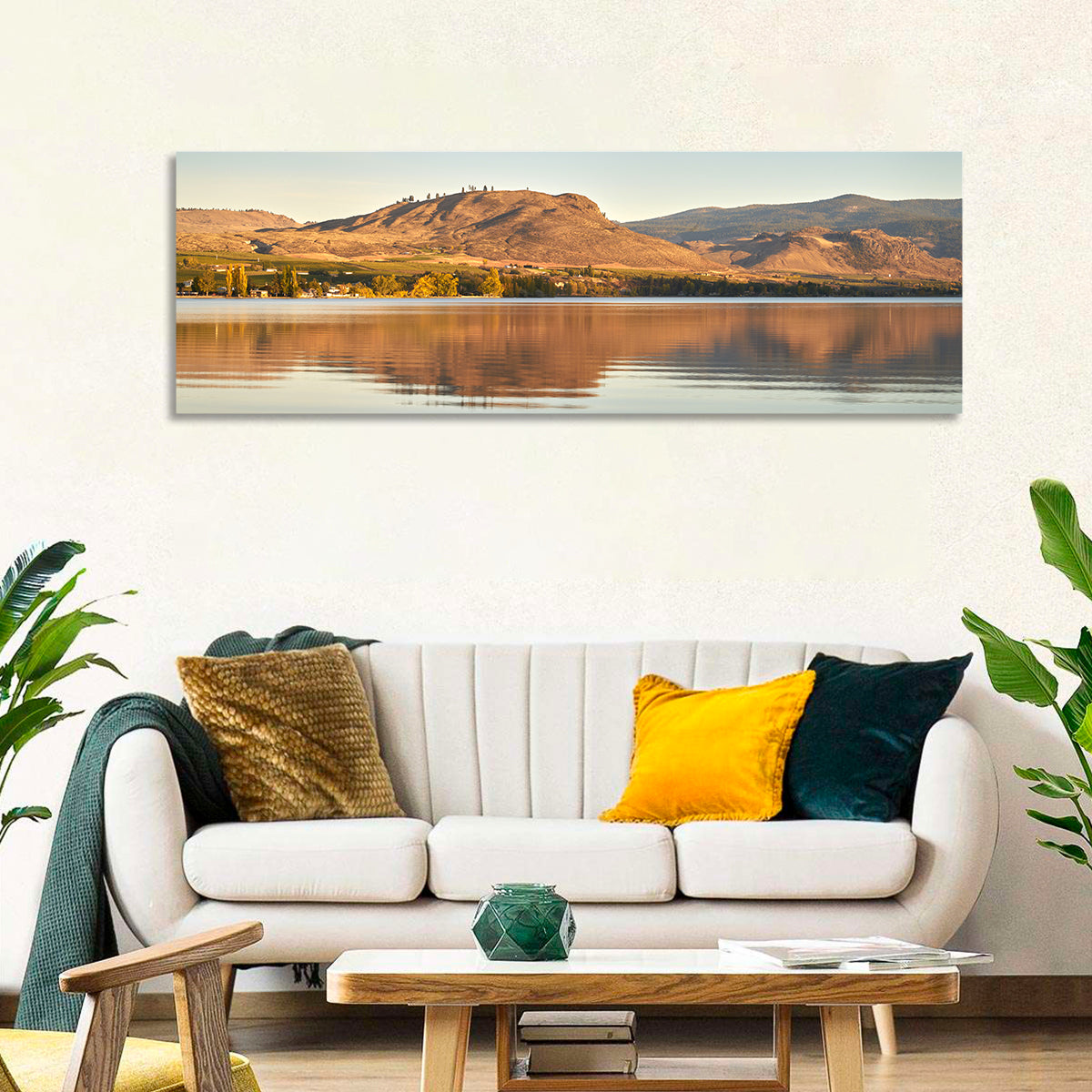 Osoyoos Lake Moonlit Reflection Wall Art in a room, panoramic