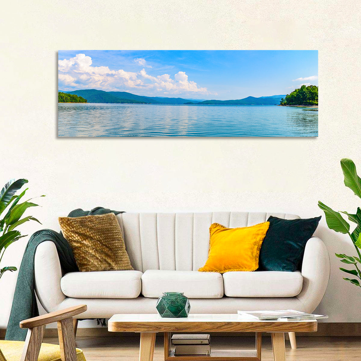 Lake Jocassee Wall Art in a room, panoramic