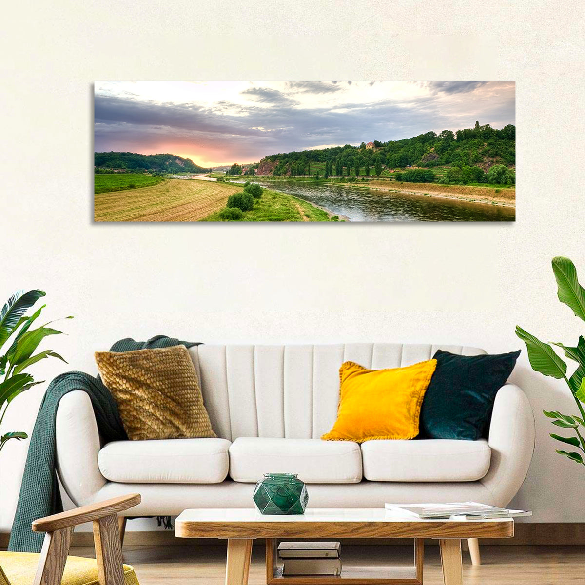 Elbe River at Golden Hour Wall Art in a room, panoramic