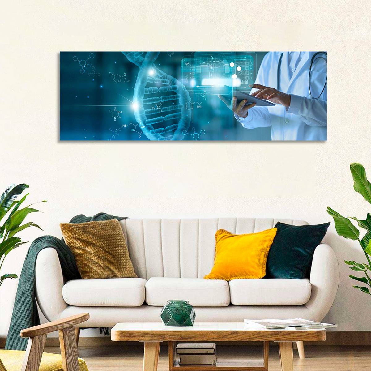 Doctor with Dna Helix Wall Art in a room, panoramic