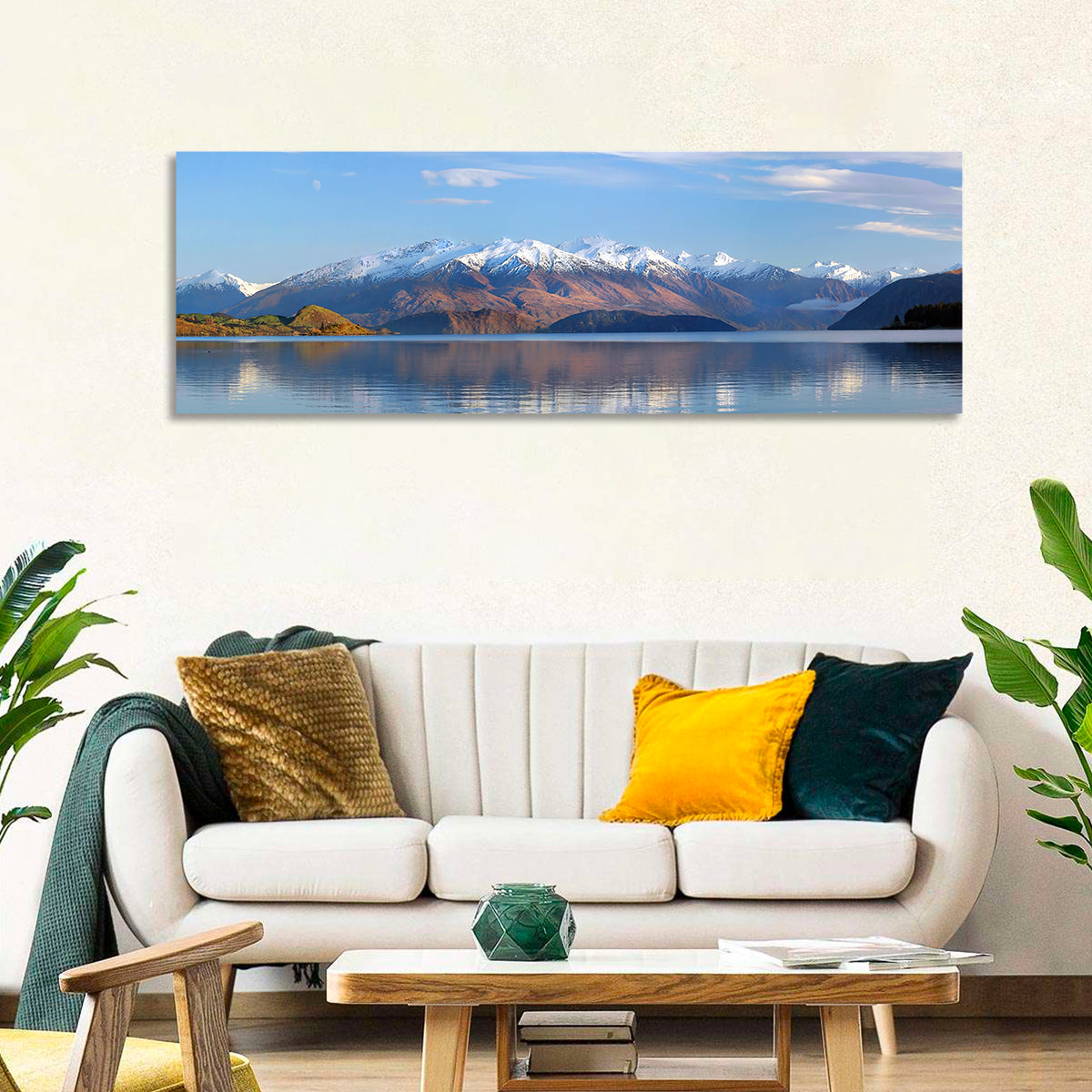 Lake Wanaka Morning Light Wall Art in a room, panoramic