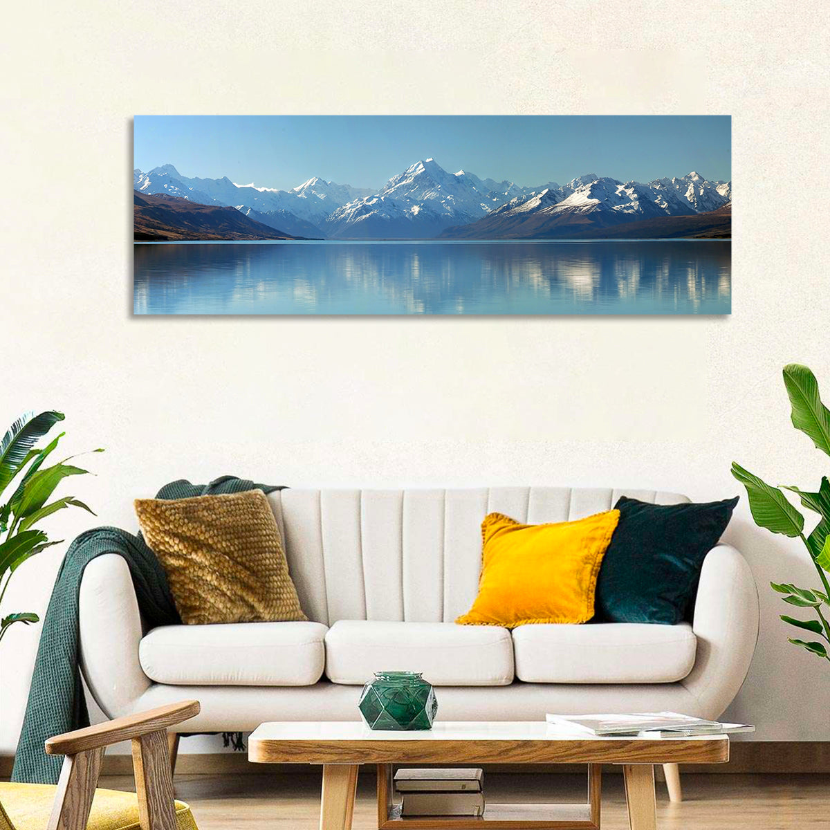 Aoraki Reflection Over Lake Pukaki Wall Art in a room, panoramic