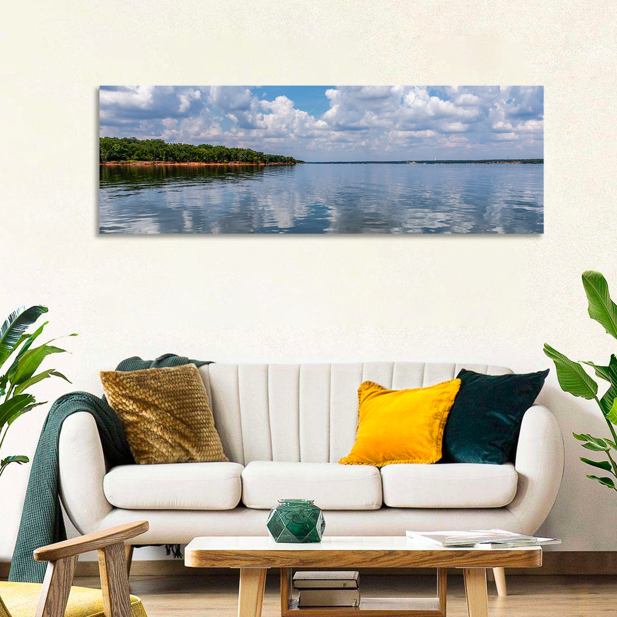 Thunderbird Lake Reflections Wall Art in a room, panoramic