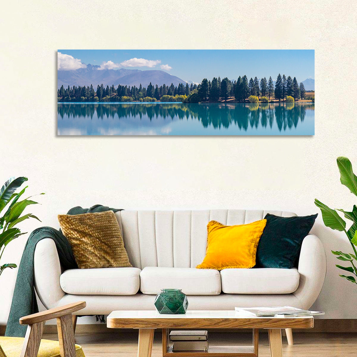Lake Ruataniwha Reflection Wall Art in a room, panoramic