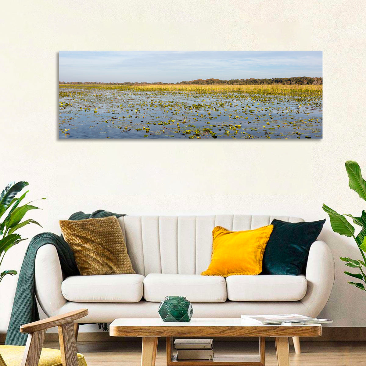 Lake Toho Lily Pads Wall Art in a room, panoramic