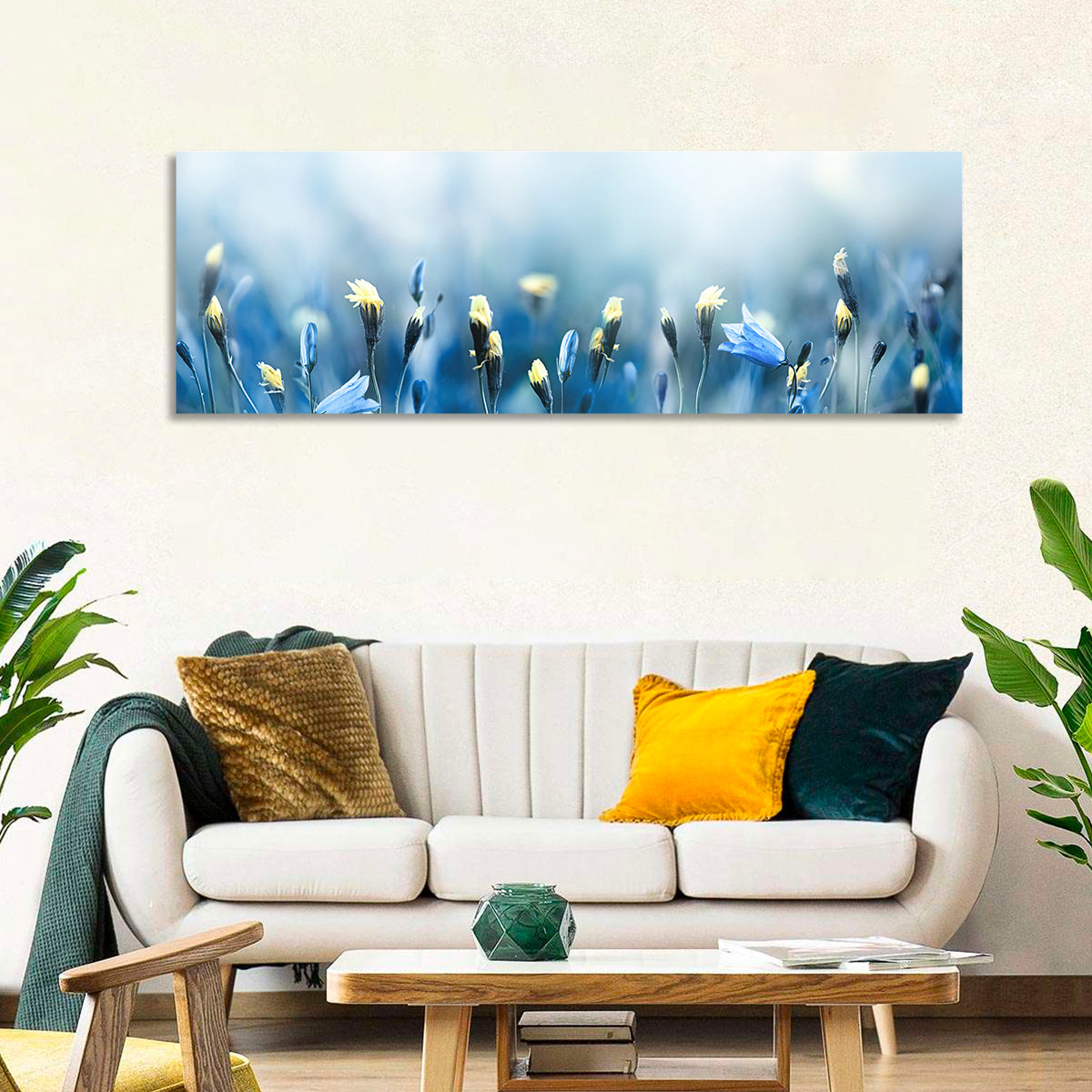 Blue Bellflowers and Yellow Buds Wall Art in a room, panoramic