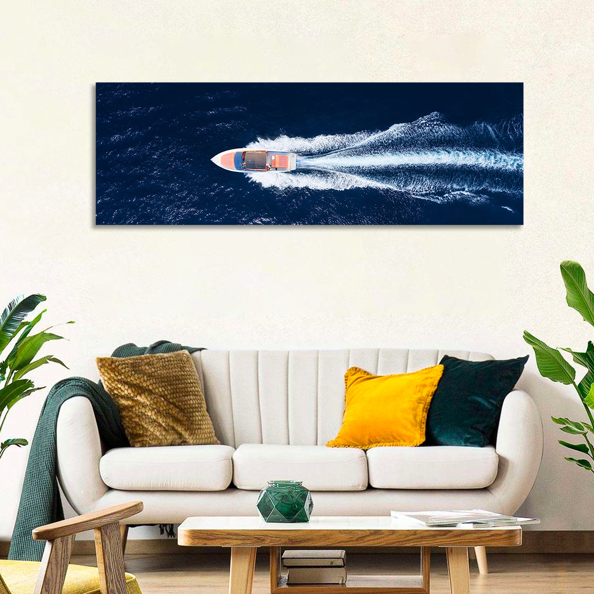 Sleek Speedboat Over Navy Sea Wall Art in a room, panoramic
