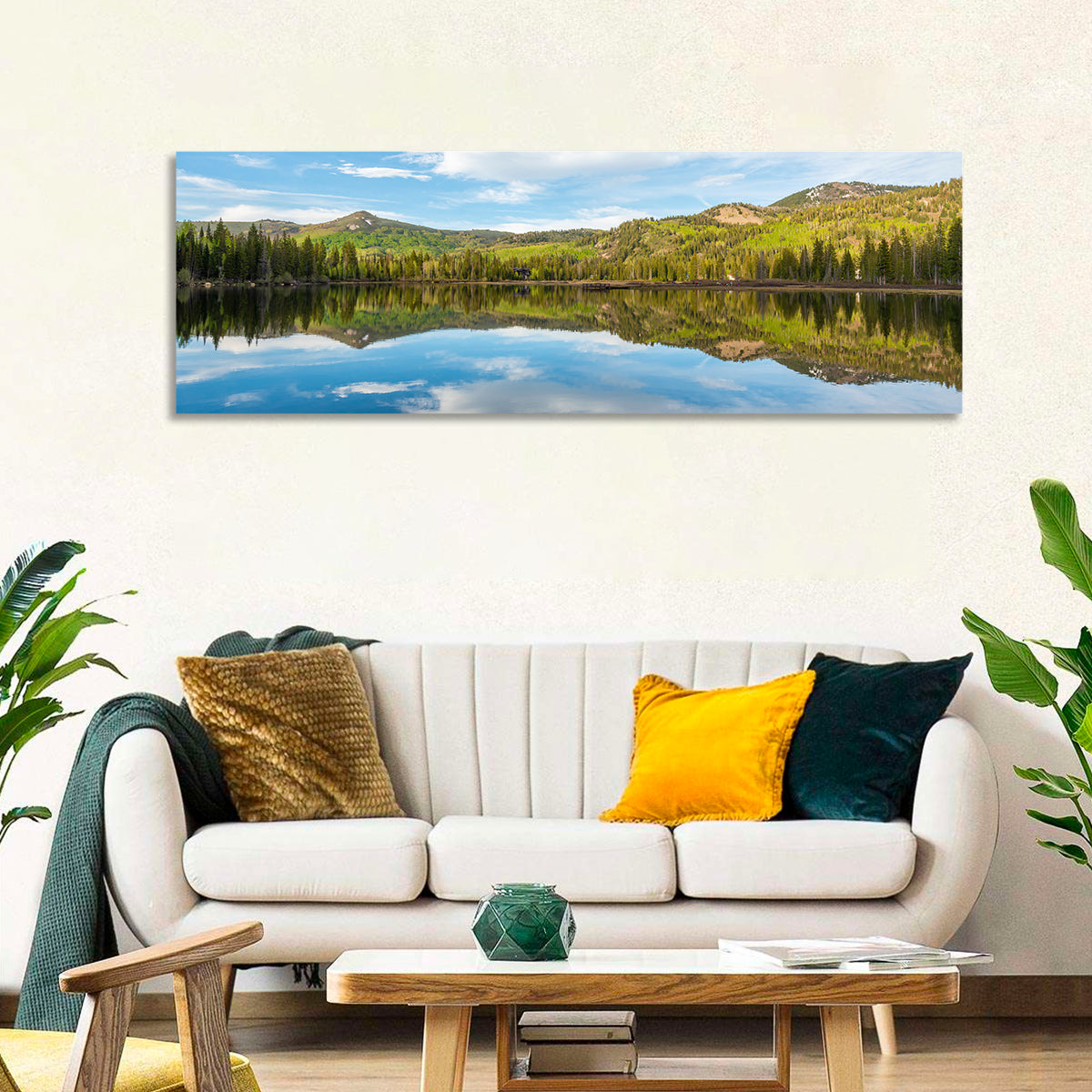 Silver Lake Reflection Wall Art in a room, panoramic