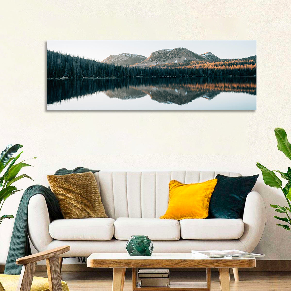 Mirror Lake Utah Reflection Wall Art in a room, panoramic