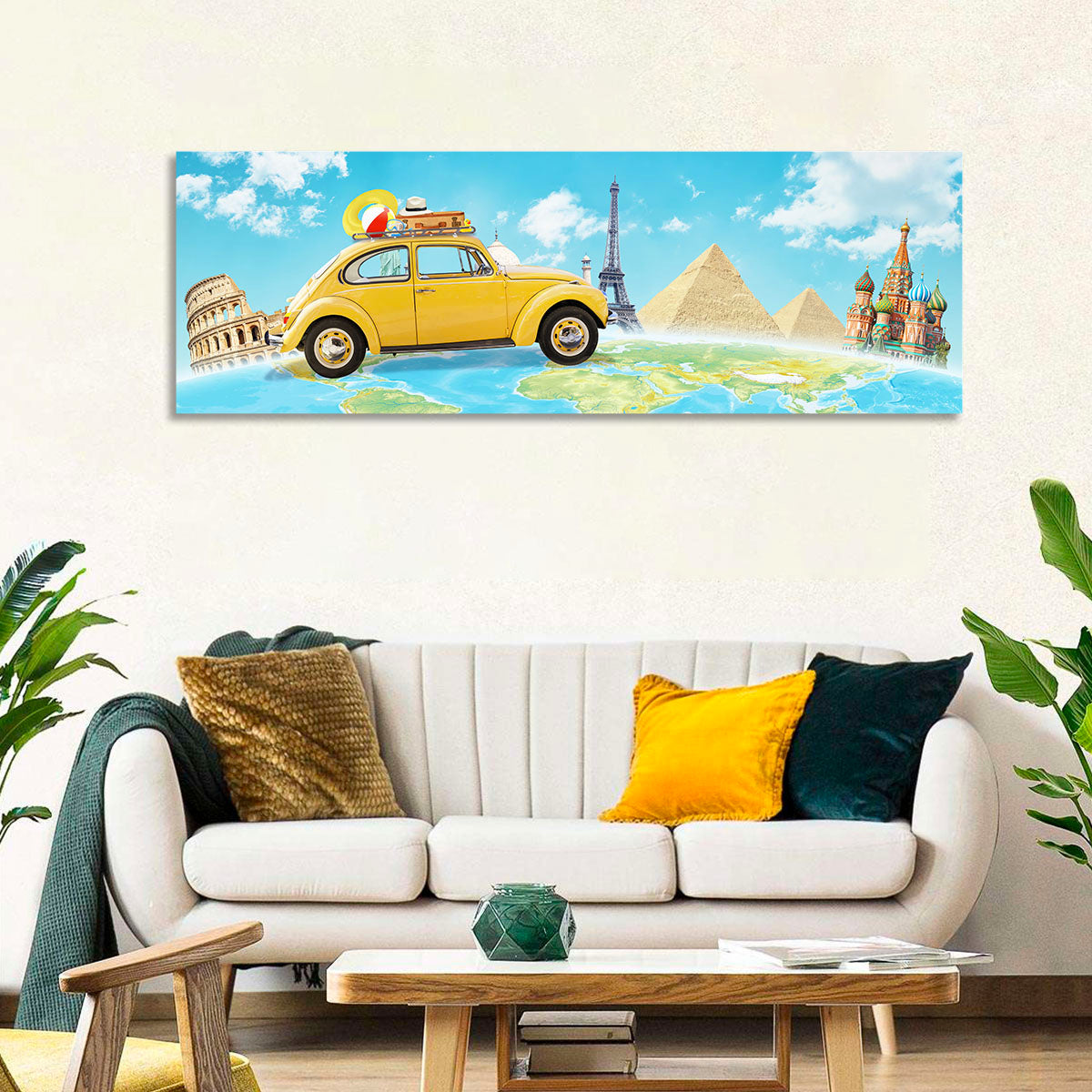 Yellow Beetle World Road Trip Wall Art in a room, panoramic