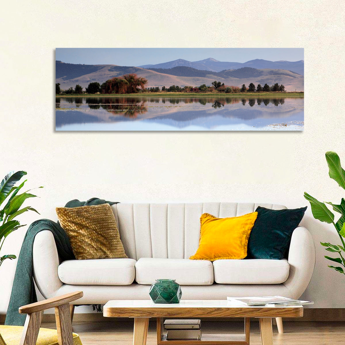 Mission Valley Lake Reflection Wall Art in a room, panoramic