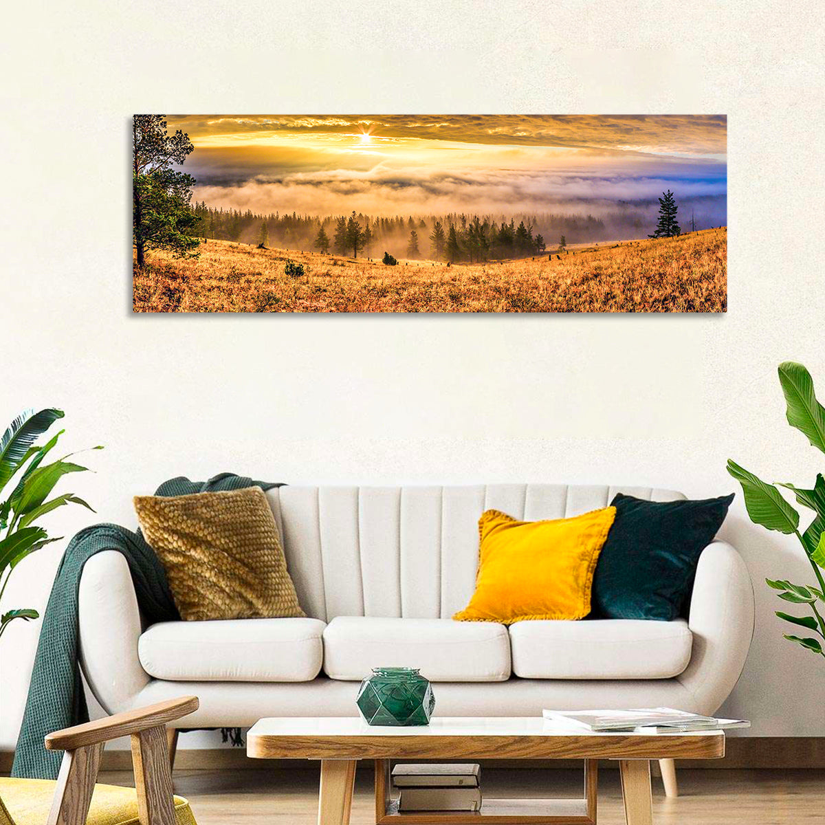 Ural Taiga Sunrise Wall Art in a room, panoramic