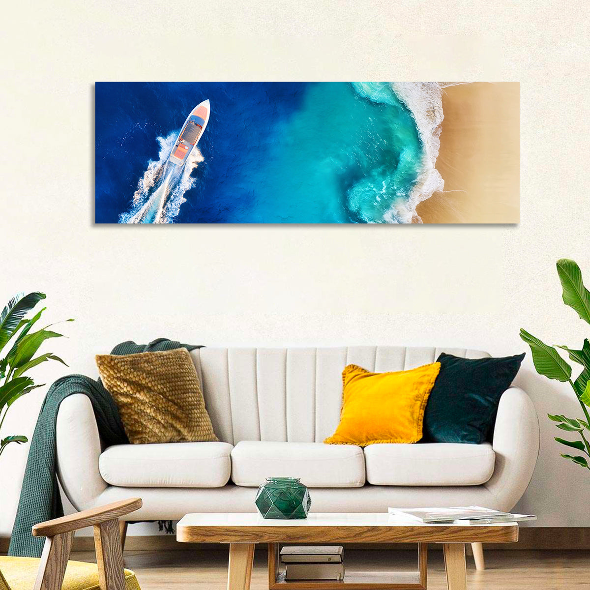 Speed Boat Over Turquoise Beach Wall Art in a room, panoramic
